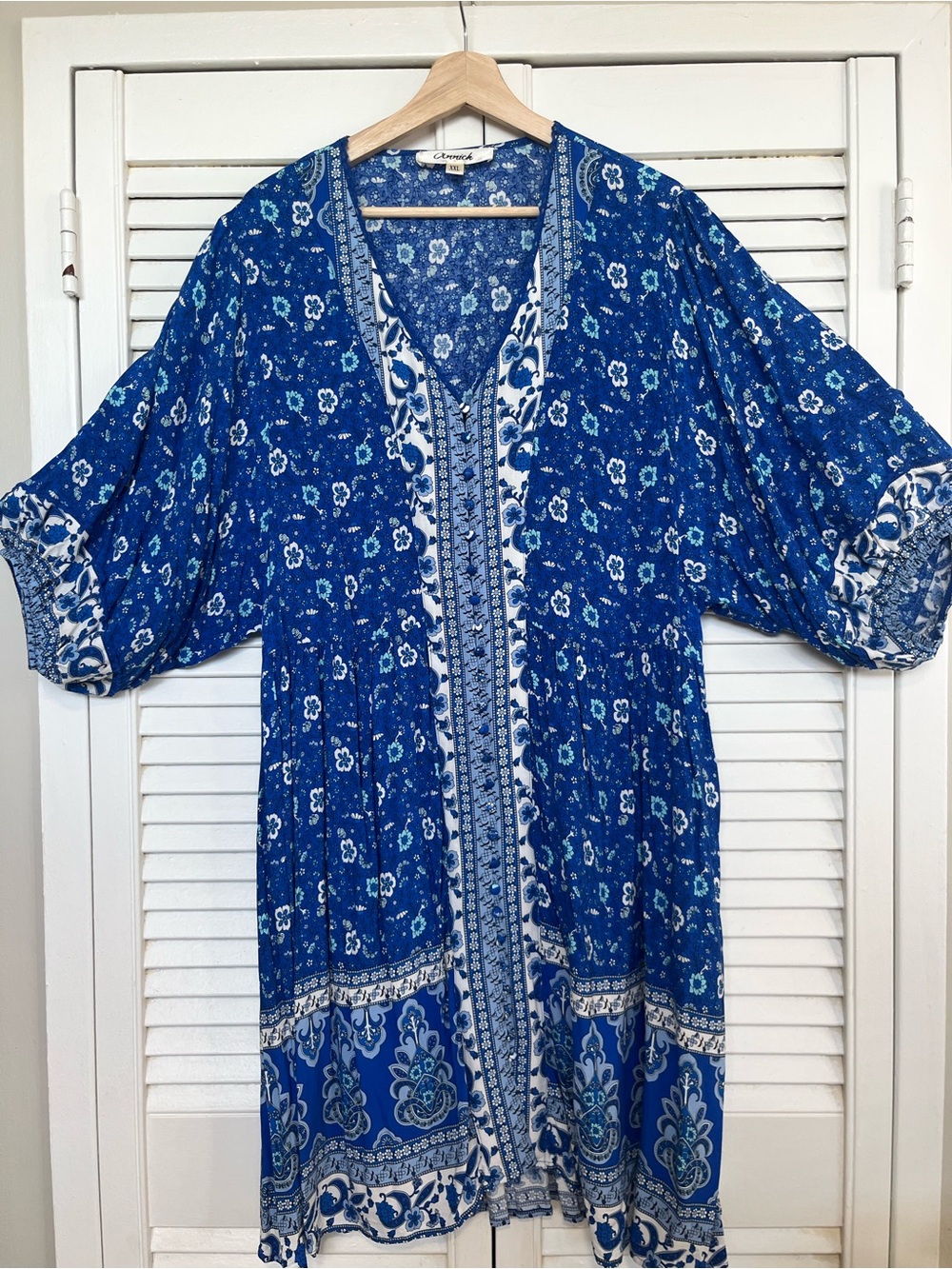 Blue Floral Boho Dress - Crochet Trim